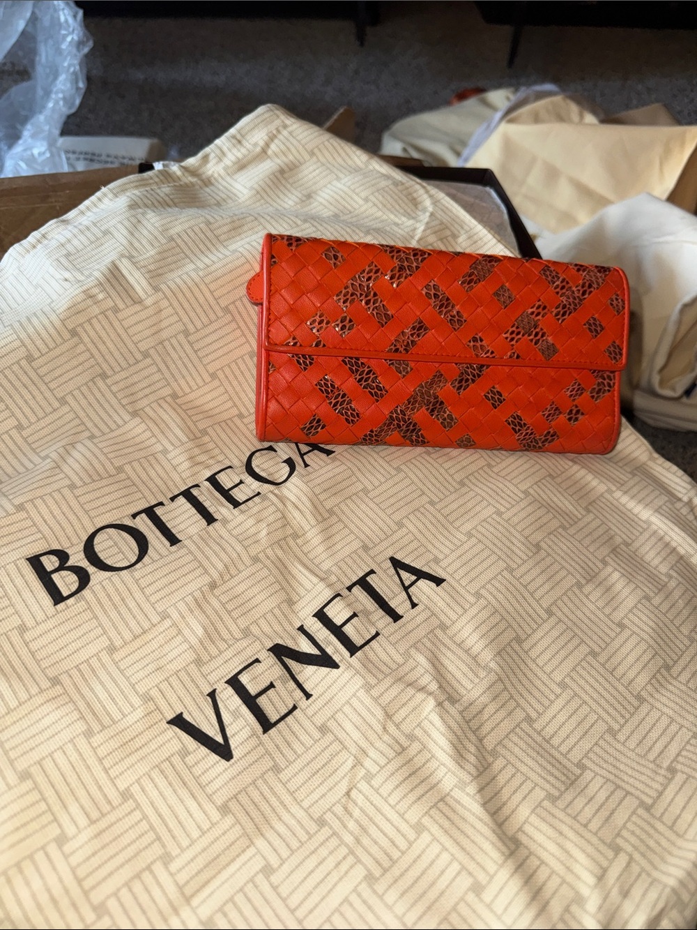 Bottega Veneta Orange Woven Leather Flap Wallet with Python Accents